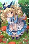  alice_(wonderland) alice_in_wonderland apron bangs blonde_hair blue_dress blue_eyes blush bow chaki-yam day dress eyelashes floating_hair frilled_dress frills full_body grass hair_bow hair_ribbon hairband highres kneeling light_smile long_hair looking_at_viewer mary_janes mushroom outdoors outstretched_hand puffy_short_sleeves puffy_sleeves ribbon shoes short_sleeves solo sparkle striped striped_legwear thighhighs tree v_arms wing_collar wrist_cuffs 