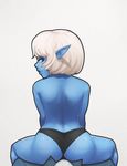  34no404 ass back black_panties blue_eyes blue_skin bulge from_behind highres league_of_legends lips nose open_fly panties pointy_ears pov short_hair solo_focus straddling topless tristana underwear unzipped white_hair yordle 