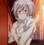  1girl blush breasts highres homura_(sekirei) looking_at_viewer red_eyes sekirei short_hair solo standing stitched white_hair 