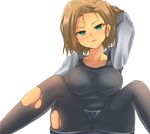  adjusting_hair android_18 aqua_eyes black_legwear breasts collarbone dragon_ball dragon_ball_z dyson_(edaokunnsaikouya) large_breasts looking_at_viewer pantyhose short_hair sitting skirt solo torn_clothes torn_legwear tsurime white_background 