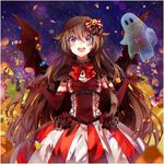  :d alice_(pandora_hearts) alternate_costume blush bow brown_hair candy cross cross_necklace demon_wings dress elbow_gloves food frame frills ghost gloves hair_bow hair_ornament halloween jack-o'-lantern jewelry leaf lollipop long_hair looking_at_viewer necklace night night_sky open_mouth pandora_hearts purple_eyes sky smile solo standing star star_(sky) starry_background teka very_long_hair wings 