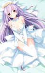  absurdres breasts covering covering_crotch detached_collar dress elbow_gloves flower_wreath gloves head_wreath highres lavender_hair long_hair lying mutou_kurihito nipples no_bra open_clothes open_dress panties small_breasts thighhighs underwear white_gloves white_legwear white_panties 