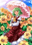  ascot blue_sky cloud day e.o. field flower flower_field green_hair highres juliet_sleeves kazami_yuuka long_sleeves open_clothes open_vest parasol puffy_sleeves red_eyes shirt skirt sky smile solo sunflower touhou umbrella vest 