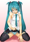  glasses hatsune_miku miniskirt nyuuhin panties pantyshot skirt skirt_lift striped striped_panties thighhighs underwear 