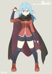  ace_trainer_(pokemon) ace_trainer_(pokemon)_(cosplay) aqua_eyes aqua_hair bad_id bad_twitter_id bike_shorts cape cosplay ibuki_(pokemon) poke_ball pokemon solo souji thighhighs 