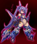  alternate_eye_color angry armor blue_footwear blue_hair boots elbow_gloves flat_chest full_body gloves hand_on_hip highres karukan_(monjya) long_hair mecha_musume navel ore_twintail_ni_narimasu polearm red_eyes revealing_clothes solo spear standing tailblue thigh_boots thighhighs twintails weapon wide-eyed wide_hips 