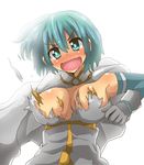 :d backlighting blue_eyes blue_hair blush breasts cape dyson_(edaokunnsaikouya) full-face_blush gloves large_breasts looking_at_viewer magical_girl mahou_shoujo_madoka_magica miki_sayaka open_mouth short_hair smile solo torn_clothes upper_body white_background white_gloves 