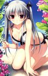  absurdres beach bikini blush breasts cleavage day flower grey_hair highres kanekiyo_miwa kurano_kun_chi_no_futago_jijou kurano_tomoka large_breasts long_hair looking_at_viewer red_eyes scan solo swimsuit twintails 