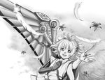  ahoge angel angel_wings asymmetrical_wings borrowed_character bow cassie_(acerailgun) cyborg feathered_wings feathers flower from_above grass greyscale hair_flower hair_ornament hand_on_own_chest happy holding holding_flower jastersin21 lying mechanical_arm mechanical_wings monochrome original sketch solo wings 
