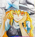  ;) absurdres blonde_hair bow braid chin_rest hand_on_own_cheek hat hat_bow highres index_finger_raised kirisame_marisa long_hair one_eye_closed pointing shikishi side_braid single_braid smile solo touhou witch_hat yagami_(mukage) yellow_eyes 