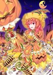  :3 :d candy cookie fang food gift halloween hat highres holding jack-o'-lantern long_hair looking_at_viewer monster_hunter mosgharl_(armor) open_mouth red_eyes red_hair riyun_(halodark) smile solo staff wavy_hair witch_hat 