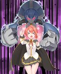  &gt;_&lt; 1girl ahoge android arc_system_works attack blazblue blazblue:_chronophantasma blush breasts cape celica_a_mercury clenched_hand eyes_closed fist flower kuroshiro_(ms-2420) long_hair minerva_(blazblue) open_mouth ponytail red_eyes red_hair robot school_uniform shiny shiny_skin small_breasts 