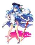  ;) adapted_costume blue_hair china_dress chinese_clothes contrapposto covered_navel dress food fruit full_body gloves hand_on_hip hat high_heels hinanawi_tenshi jacket_on_shoulders long_hair one_eye_closed peach red_eyes smile solo standing sword_of_hisou thighs touhou touya_(the-moon) very_long_hair 