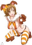  blush breasts brown_eyes brown_hair claws cleavage covered_nipples cure_honey eyelashes fangs full_body hair_ornament hair_ribbon hairband happinesscharge_precure! happy highres jabara_tornado kneeling large_breasts leaning_forward looking_at_viewer navel oomori_yuuko open_mouth precure revealing_clothes ribbon short_hair sideboob simple_background smile solo striped striped_legwear thighhighs weapon white_background 