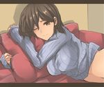  breasts brown_eyes brown_hair clothes_lift dyson_(edaokunnsaikouya) large_breasts letterboxed looking_at_viewer lying mature mole mole_under_eye on_side one_eye_closed pillow pillow_hug ribbed_sweater shinken-zemi short_hair solo sweater sweater_lift upper_body zemi_mama 