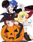  :d aikatsu! aikatsu!_(series) blonde_hair blue_eyes blue_hair blush brown_hair cape elbow_gloves fang gloves grin hair_ribbon halloween halloween_costume hat hoshimiya_ichigo hug jack-o'-lantern kiriya_aoi long_hair looking_at_viewer multiple_girls nude open_mouth paws purple_eyes red_eyes ribbon shibuki_ran shin_(irowanioedo) short_hair side_ponytail smile thighhighs vampire_costume witch_hat 