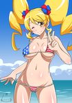  american_flag_bikini beach bikini bikini_bottom bikini_top blonde_hair blush breasts cloud cure_honey day earrings eyelashes flag_print hair_ornament happinesscharge_precure! happy jabara_tornado jewelry large_breasts long_hair looking_at_viewer magical_girl navel one_eye_closed oomori_yuuko outdoors popcorn_cheer precure sky smile solo standing swimsuit twintails v yellow_eyes 