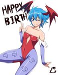  bare_shoulders birthday blue_eyes blue_hair blush breasts cleavage cosplay english eyelashes fang fang_out happy happy_birthday jabara_tornado leotard lilith_aensland lilith_aensland_(cosplay) looking_at_viewer nishijima_waon one_eye_closed pantyhose precure print_legwear red_leotard short_hair simple_background sitting small_breasts smile solo spiked_hair striped striped_legwear suite_precure v vampire_(game) white_background 