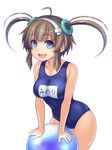  :d ahoge arm_support ball beachball blue_eyes breasts brown_hair collarbone fang hairband katagiri_(a1466502) large_breasts minori_(senran_kagura) one-piece_swimsuit open_mouth school_swimsuit senran_kagura senran_kagura_shinovi_versus short_hair sidelocks smile solo swimsuit twintails white_background 