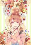  :p bad_id bad_pixiv_id blush brown_hair cake candy doughnut drinking_straw earrings food fruit gradient_eyes hair_bun hair_ornament hairclip jewelry lollipop macaron melo_(m_0514) multicolored multicolored_eyes off_shoulder original pancake pocky purple_eyes short_hair solo strawberry strawberry_shortcake tongue tongue_out yellow_eyes 