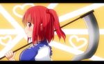  anime_coloring bad_id bad_pixiv_id carrying carrying_over_shoulder dress hair_bobbles hair_ornament heart layered_dress letterboxed looking_at_viewer looking_to_the_side mikomiko_(mikomikosu) onozuka_komachi profile puffy_short_sleeves puffy_sleeves red_eyes red_hair scythe short_hair short_sleeves solo touhou two_side_up upper_body 