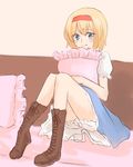  alice_margatroid bed blonde_hair bloomers blue_dress blue_eyes blush cross-laced_footwear dress frilled_pillow frills hairband highres legs nip_to_chip on_bed pillow pillow_hug short_hair sitting sitting_on_bed smile touhou underwear 