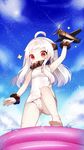  ahoge aircraft airplane alternate_costume artist_name blush_stickers cameltoe cloud cloudy_sky covered_mouth covered_navel day from_below gleam heart heart-shaped_pupils highres holding horns kantai_collection long_hair looking_at_viewer mvv northern_ocean_hime one-piece_swimsuit red_eyes school_swimsuit shinkaisei-kan sky solo sparkle swimsuit symbol-shaped_pupils toy wading_pool water wet white_hair white_skin white_swimsuit 