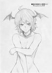  ahoge alternate_hair_length alternate_hairstyle bat_wings breasts cleavage collarbone covering covering_breasts expressionless greyscale head_wings jewelry jitome koakuma monochrome necklace nude out-of-frame_censoring short_hair small_breasts solo takeuma touhou translation_request wings 