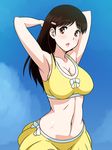  1girl armpits arms_up blush breasts brown_eyes brown_hair cleavage hairband highres kindaichi_shounen_no_jikenbo large_breasts long_hair looking_at_viewer nanase_miyuki navel open_mouth simple_background skirt solo standing swimsuit yuki_(12cut) 