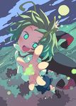  :d antennae blurry blush cape depth_of_field flying full_moon green_eyes green_hair landscape light_particles long_sleeves looking_at_viewer moon morino_hon nature night open_mouth outstretched_arms pants reaching shirt shoes short_hair sky smile socks solo touhou tree vest white_legwear wriggle_nightbug 
