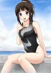  :d alternate_costume arm_support bare_legs black_hair blush breasts chitanda_eru cloud collarbone competition_swimsuit day fuuma_nagi hand_on_own_chest hyouka looking_at_viewer medium_breasts one-piece_swimsuit open_mouth purple_eyes sitting sky smile solo swimsuit 
