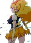  artist_name blonde_hair bow breasts cure_honey earrings hair_bow happinesscharge_precure! jewelry joy_ride large_breasts long_hair magical_girl oomori_yuuko orange_skirt ponytail precure profile simple_background skirt solo white_background yellow_eyes 