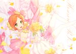  :d bare_shoulders bittersweet_(dalcoms) bouquet character_name choker dress earrings flower green_eyes highres hoshizora_rin jewelry kunreishiki looking_at_viewer love_live! love_live!_school_idol_project open_mouth orange_hair petals short_hair smile solo thighhighs veil white_legwear 
