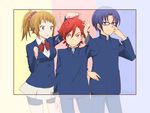  2boys banchii bike_shorts blue_eyes blue_hair brown_hair gakuran glasses gundam gundam_build_fighters gundam_build_fighters_try height_difference highres hoshino_fumina kamiki_sekai kousaka_yuuma multiple_boys ponytail red_eyes red_hair school_uniform scrunchie 