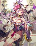  animal_ears breasts calligraphy_brush cat_ears cleavage dahl-lange hair_ornament holding large_breasts light_brown_hair long_hair looking_at_viewer paintbrush purple_eyes qurare_magic_library solo 