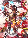  black_hair black_legwear brown_eyes demon_horns detached_sleeves dutch_angle fang hair_ornament highres holding horns japanese_clothes katana long_hair looking_at_viewer oni oni_horns original ponytail sakuragi_ren smile solo sword thighhighs weapon zettai_ryouiki 