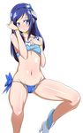  adapted_costume bikini bikini_bottom bikini_top blue_bow blue_eyes blue_hair blush boots bow bracelet braid choker cosplay cure_diamond cure_diamond_(cosplay) dokidoki!_precure eyelashes hair_ornament heart high_heel_boots high_heels hishikawa_rikka jabara_tornado jewelry long_hair looking_at_viewer navel precure simple_background single_braid solo standing swimsuit white_background 