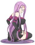  ass bare_shoulders black_legwear breasts collar fate/stay_night fate_(series) glasses large_breasts long_hair purple_eyes purple_hair rider simple_background solo thighhighs thighs very_long_hair white_background zanku 