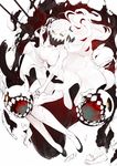  black_footwear black_nails breasts cleavage covered_mouth dress highres horn kantai_collection large_breasts long_hair looking_at_viewer midway_hime nail_polish orange_eyes pale_skin shinkaisei-kan shoes tugmix veins very_long_hair white_dress white_hair 