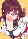  1boy 1girl admiral_(kantai_collection) anchor_symbol blew_andwhite blush braid breast_grab breasts brown_hair cleavage gloves grabbing green_eyes groping highres kantai_collection large_breasts noshiro_(kantai_collection) open_mouth school_uniform serafuku skirt white_gloves 