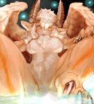  8tan animal_ears blonde_hair breasts claws feathered_wings fur hair_between_breasts highres horns large_breasts long_hair monster_girl nude orange_eyes original partially_submerged sitting solo spread_legs water wings 