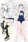  barefoot bed_sheet boots butterfly_hair_ornament chaika_trabant dakimakura eyebrows full_body hair_ornament hitsugi_no_chaika knees_together_feet_apart long_hair long_legs lying multiple_views name_tag on_back on_side one-piece_swimsuit panties platform_footwear purple_eyes school_swimsuit silver_hair swimsuit thigh_boots thigh_gap thighhighs underwear white_hair 