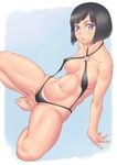  abs arm_support ass_visible_through_thighs barefoot bikini black_bikini black_hair blue_eyes breasts covered_nipples groin highres kujou_miyuki leaning_back looking_at_viewer masato_(mk) medium_breasts mole mole_under_eye navel o-ring o-ring_bikini ore_ga_ojou-sama_gakkou_ni_&quot;shomin_sample&quot;_toshite_rachirareta_ken short_hair sideboob slingshot_swimsuit solo squatting swimsuit thick_thighs thighs toned underboob 