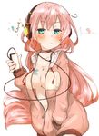  amonitto aqua_eyes blush breasts cardigan choker cleavage collarbone headphones large_breasts long_hair long_sleeves looking_at_viewer media_player megurine_luka naked_cardigan navel no_bra open_cardigan open_clothes pink_hair solo unzipped very_long_hair vocaloid zipper 
