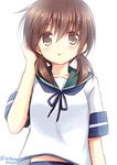  adjusting_hair akane_souichi blush brown_eyes brown_hair kantai_collection school_uniform serafuku shirayuki_(kantai_collection) short_sleeves solo twintails twitter_username upper_body white_background 