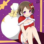  blush brown_hair copyright_name dated gloves koizumi_hanayo looking_at_viewer love_live! love_live!_school_idol_project open_mouth purple_eyes sack santa_costume solo wara_(warapro) 