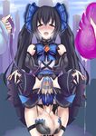  black_hair blush bow choujigen_game_neptune cock_sleeve collar cum full-package_futanari futanari hair_bow heart heart-shaped_pupils highres huge_testicles ill kami_jigen_game_neptune_v large_penis leash neptune_(series) noire open_mouth penis penis_ornament public saliva skirt solo_focus sweat symbol-shaped_pupils testicles 