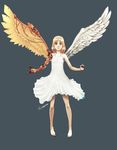  angel angel_wings artist_name asymmetrical_wings barefoot blonde_hair borrowed_character cassie_(acerailgun) cyborg dress feathered_wings feathers flat_chest full_body grey_background grey_eyes mechanical_arm mechanical_wings original roguetwo simple_background sleeveless solo white_dress wings 