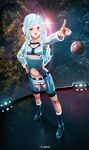  alpha_(acerailgun) android artist_name blue_hair borrowed_character doll_joints flat_chest full_body hand_on_hip jacket lens_flare long_hair navel original pink_eyes planet pointing roguetwo solo space standing 