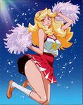  bare_shoulders big_hair blonde_hair camisole cheerleader highres honey_(space_dandy) jumping long_hair official_art panties pantyshot pink_panties pom_poms skirt solo space_dandy underwear 